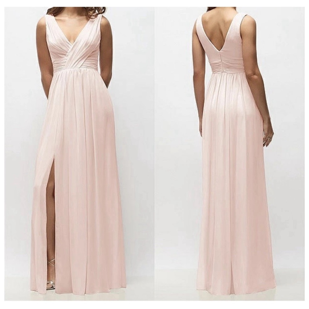 Dessy Collection Sleeveless Lux Draped Chiffon Front Slit Embellished Belt Dress